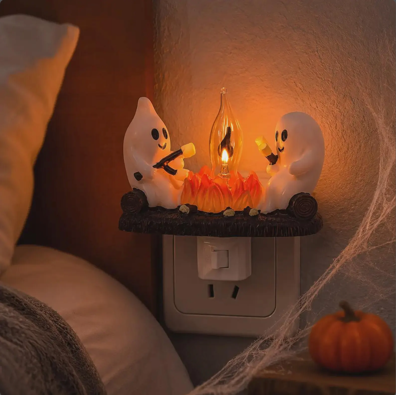 Ghosts Roasting Marshmallows Night Light, Halloween Nightlight Plug in Lamp